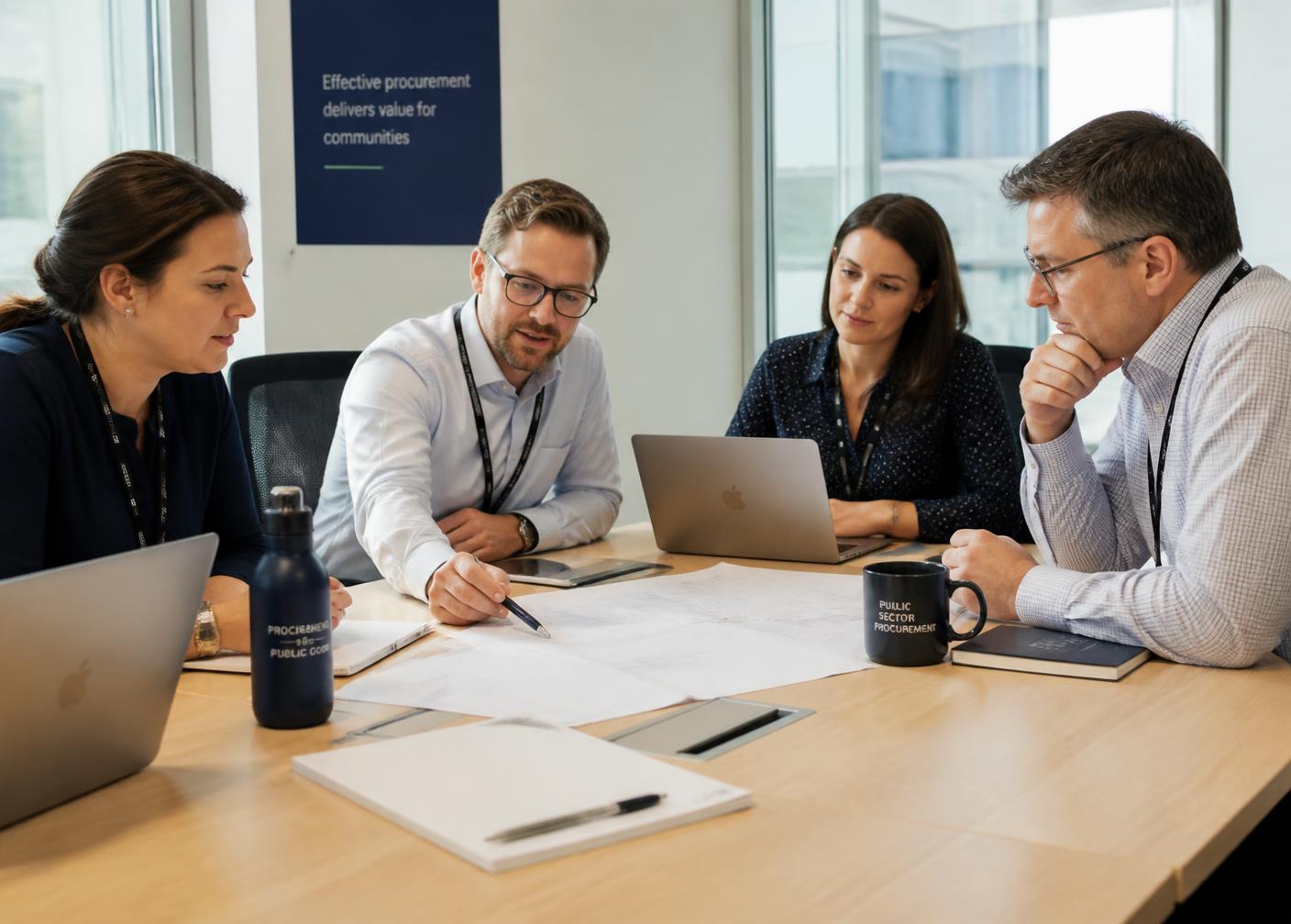 Procurement professionals reviewing project drawings together
