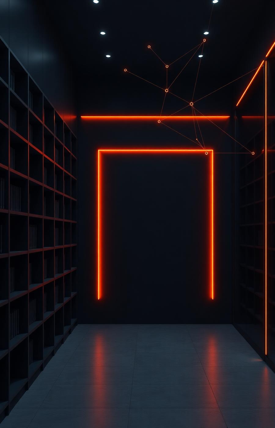 Dark navy knowledge hub with bookshelves and glowing data nodes